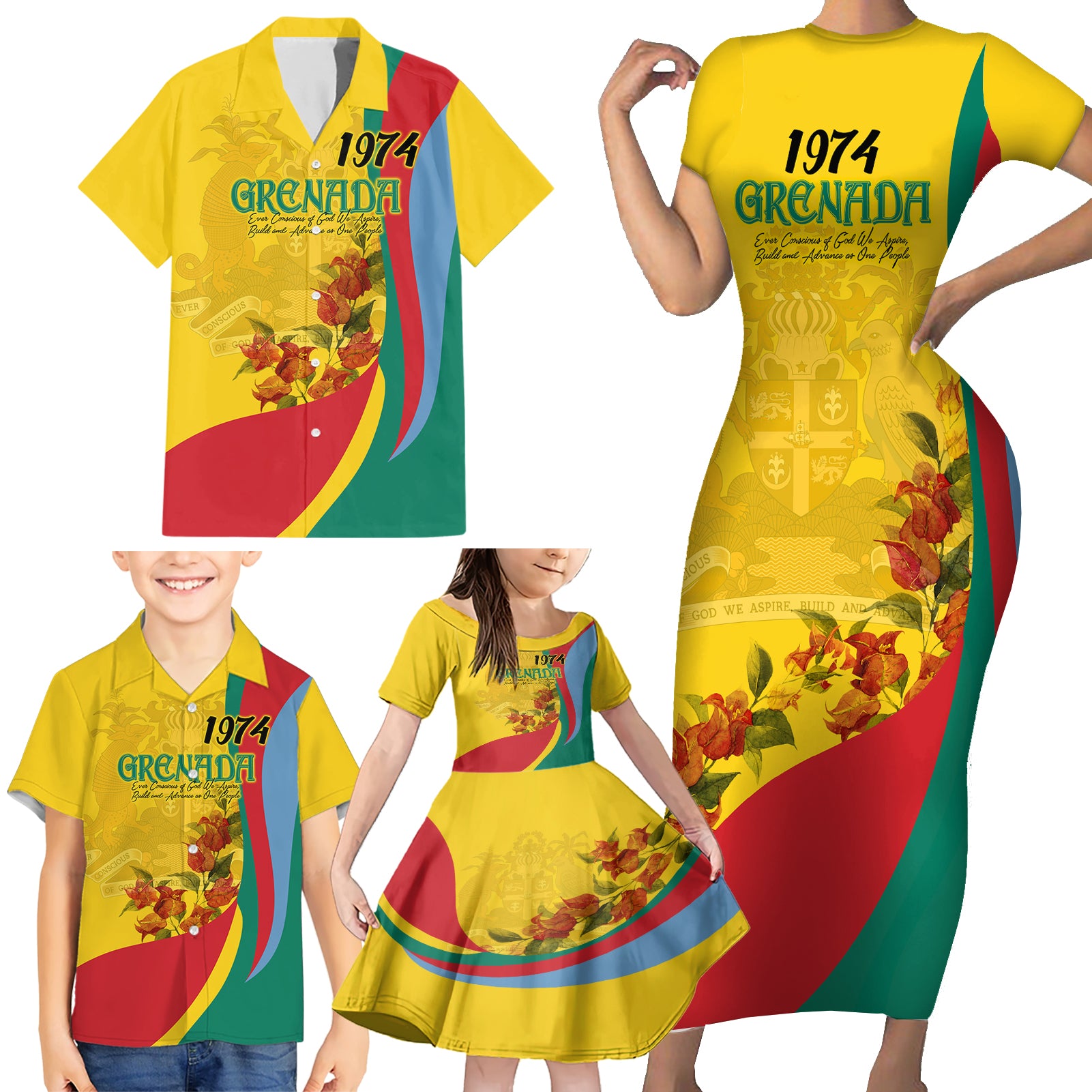 Grenada Independence Day Family Matching Short Sleeve Bodycon Dress and Hawaiian Shirt Bougainvillea Flowers Flag Style - Wonder Print Shop