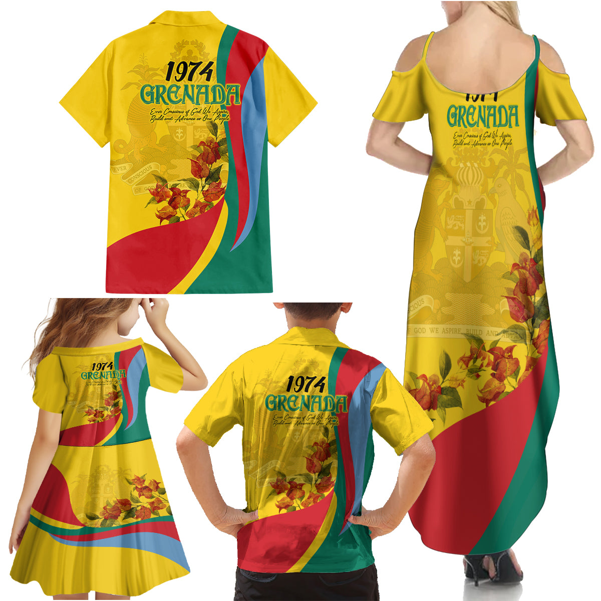 Grenada Independence Day Family Matching Summer Maxi Dress and Hawaiian Shirt Bougainvillea Flowers Flag Style - Wonder Print Shop