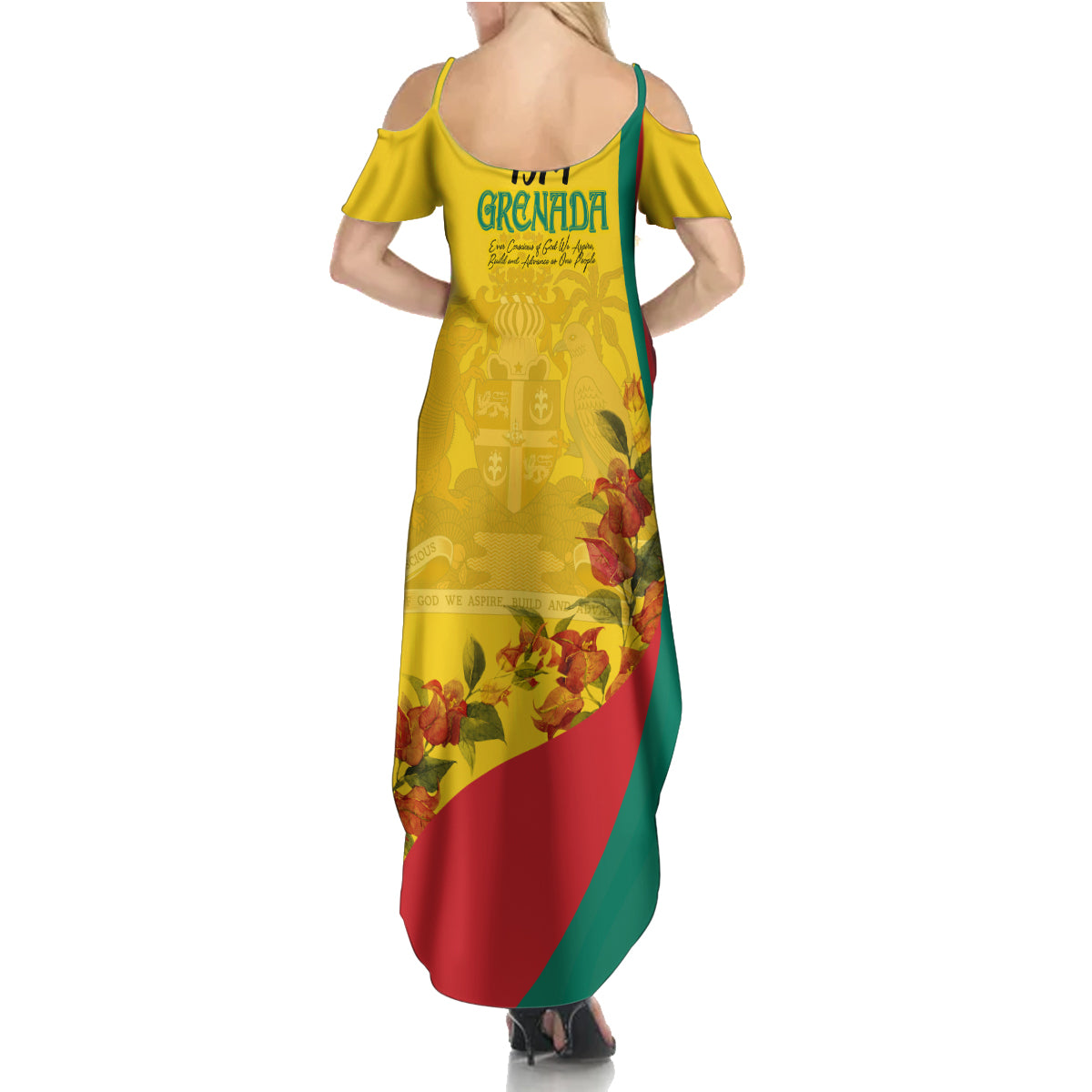 Grenada Independence Day Family Matching Summer Maxi Dress and Hawaiian Shirt Bougainvillea Flowers Flag Style - Wonder Print Shop