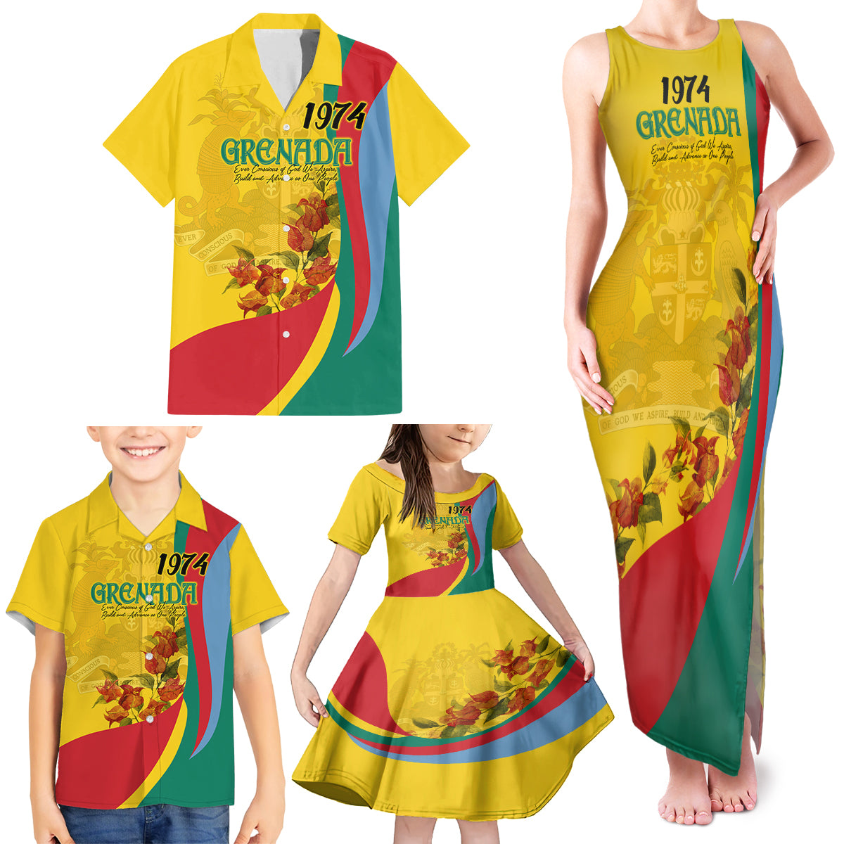 Grenada Independence Day Family Matching Tank Maxi Dress and Hawaiian Shirt Bougainvillea Flowers Flag Style - Wonder Print Shop