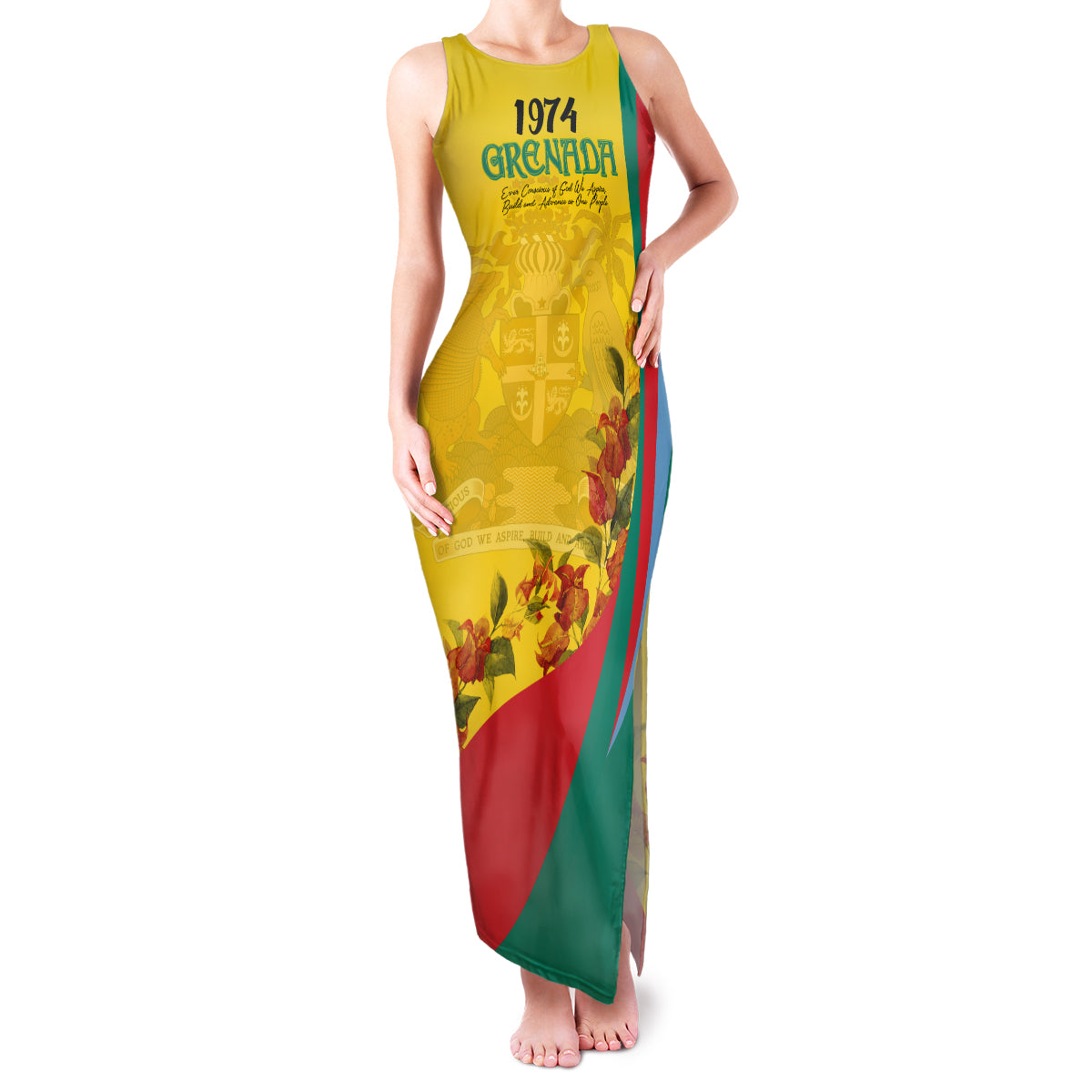 Grenada Independence Day Family Matching Tank Maxi Dress and Hawaiian Shirt Bougainvillea Flowers Flag Style - Wonder Print Shop