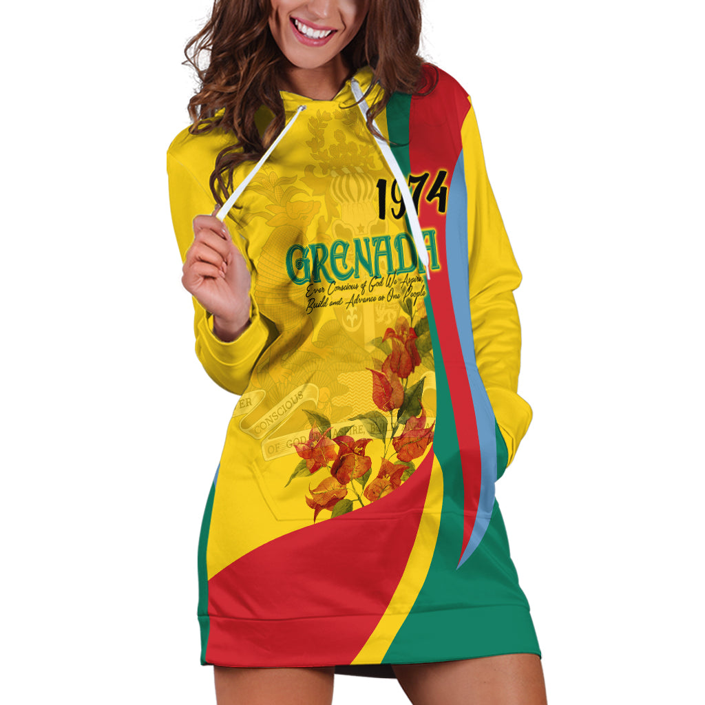 Grenada Independence Day Hoodie Dress Bougainvillea Flowers Flag Style - Wonder Print Shop