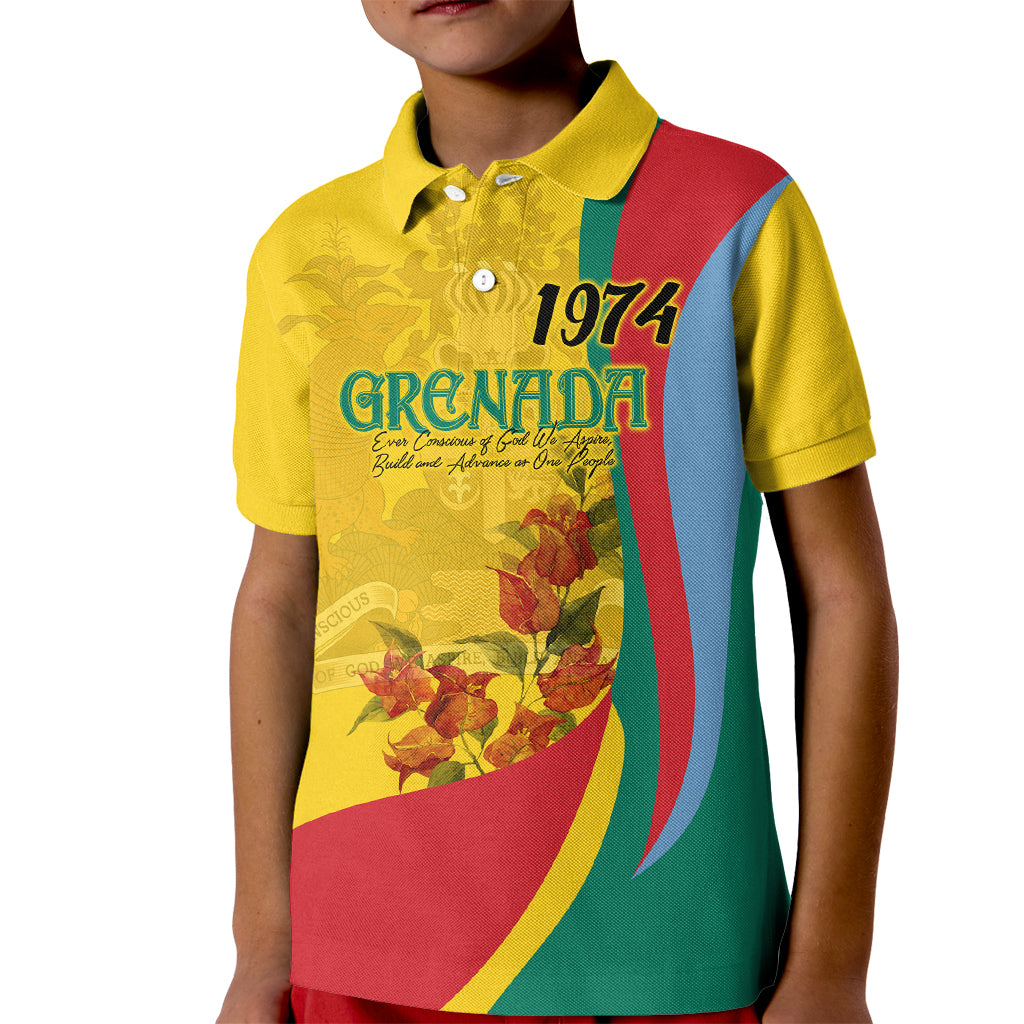Grenada Independence Day Kid Polo Shirt Bougainvillea Flowers Flag Style - Wonder Print Shop