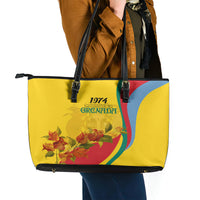 Grenada Independence Day Leather Tote Bag Bougainvillea Flowers Flag Style - Wonder Print Shop
