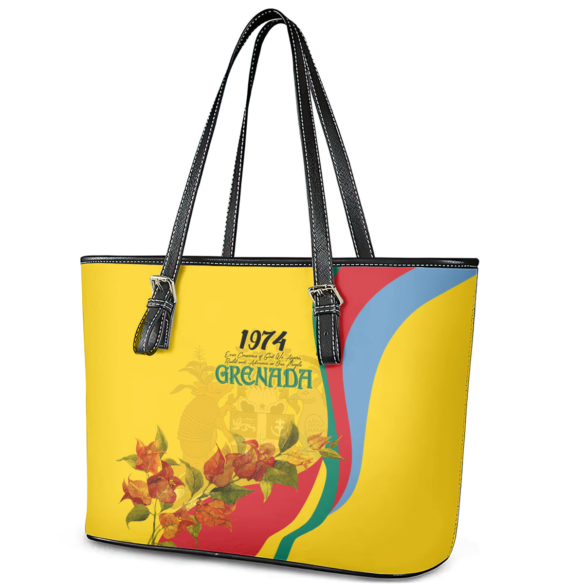 Grenada Independence Day Leather Tote Bag Bougainvillea Flowers Flag Style - Wonder Print Shop