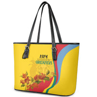Grenada Independence Day Leather Tote Bag Bougainvillea Flowers Flag Style - Wonder Print Shop