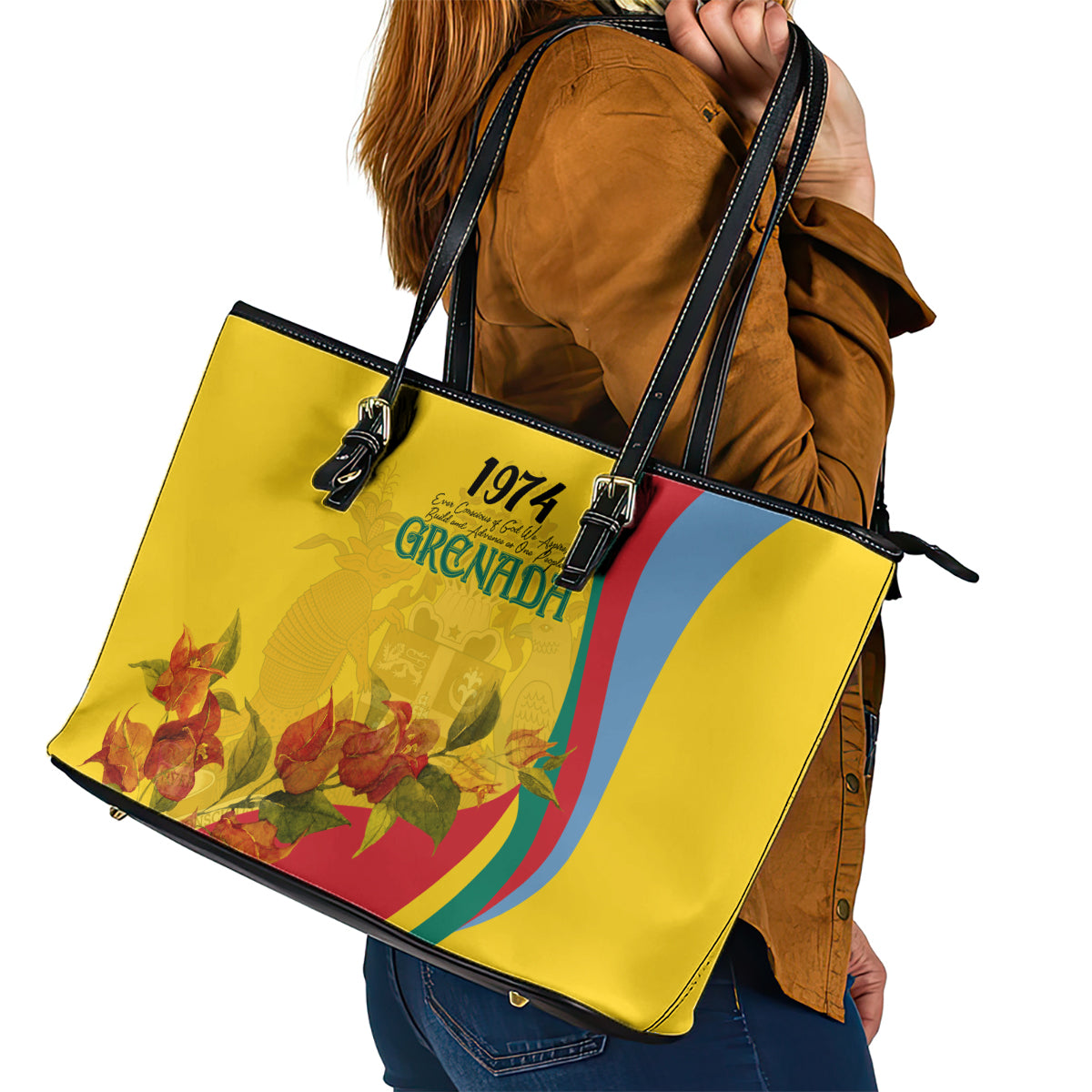 Grenada Independence Day Leather Tote Bag Bougainvillea Flowers Flag Style - Wonder Print Shop