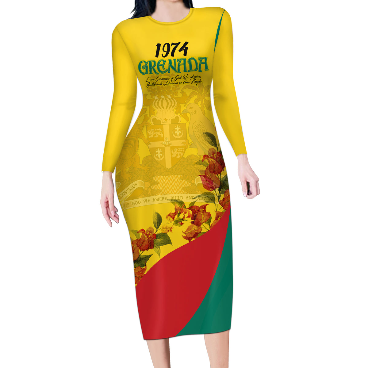 Grenada Independence Day Long Sleeve Bodycon Dress Bougainvillea Flowers Flag Style - Wonder Print Shop