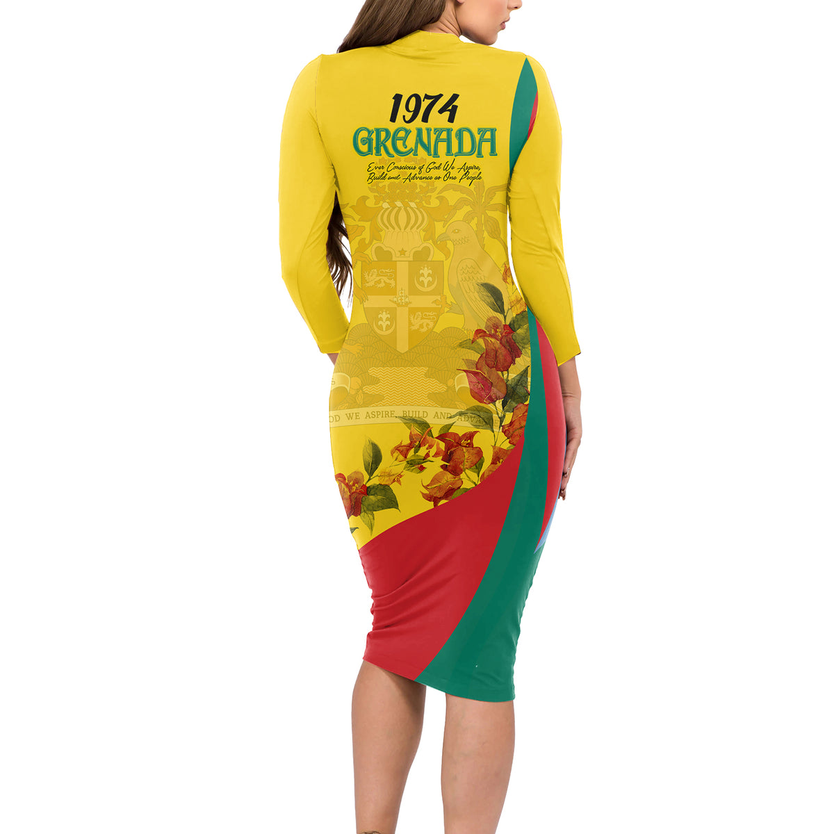 Grenada Independence Day Long Sleeve Bodycon Dress Bougainvillea Flowers Flag Style - Wonder Print Shop