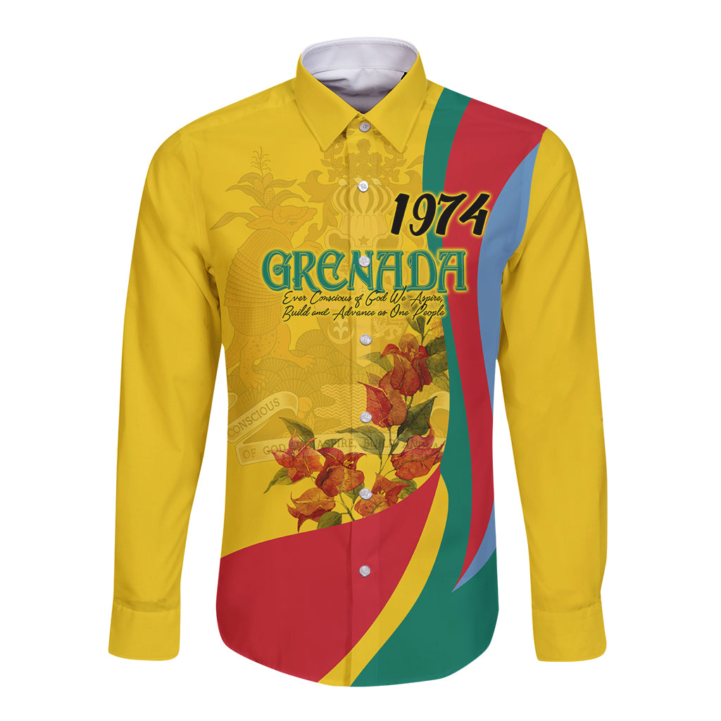 Grenada Independence Day Long Sleeve Button Shirt Bougainvillea Flowers Flag Style - Wonder Print Shop