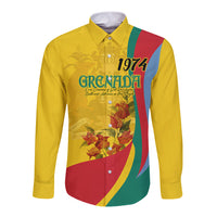 Grenada Independence Day Long Sleeve Button Shirt Bougainvillea Flowers Flag Style - Wonder Print Shop