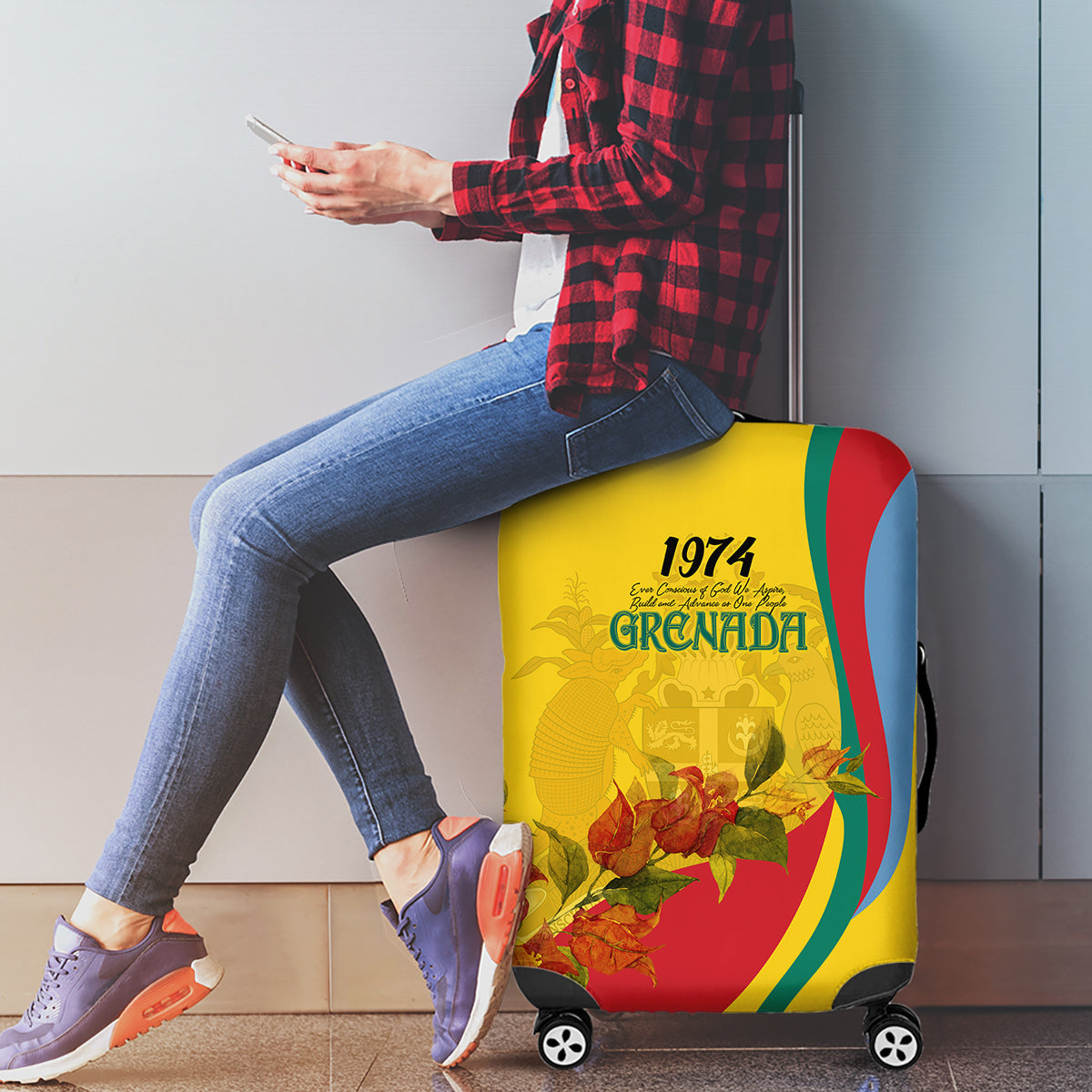 Grenada Independence Day Luggage Cover Bougainvillea Flowers Flag Style - Wonder Print Shop