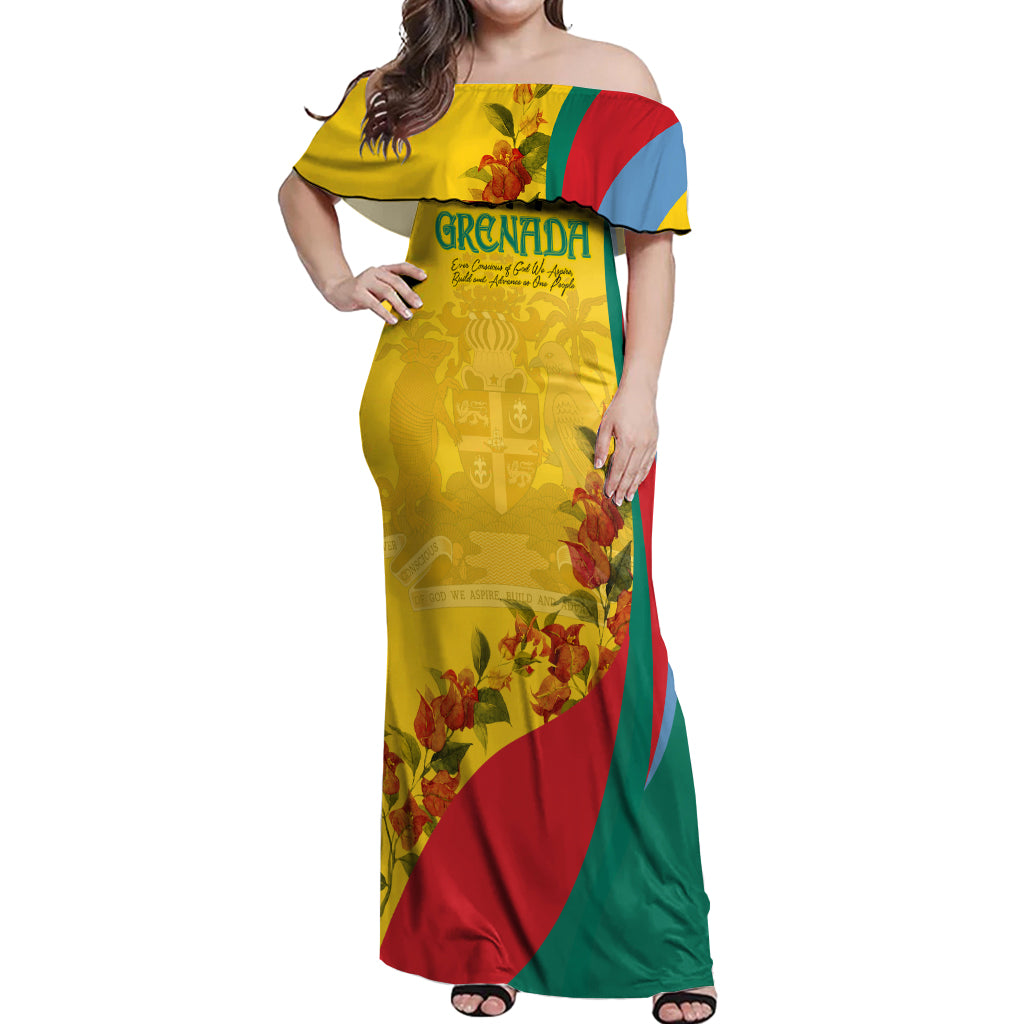 Grenada Independence Day Off Shoulder Maxi Dress Bougainvillea Flowers Flag Style - Wonder Print Shop
