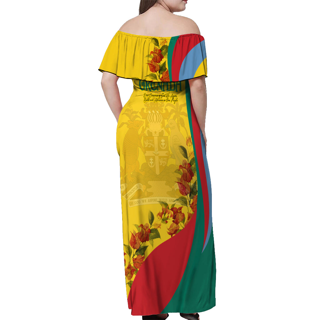 Grenada Independence Day Off Shoulder Maxi Dress Bougainvillea Flowers Flag Style - Wonder Print Shop