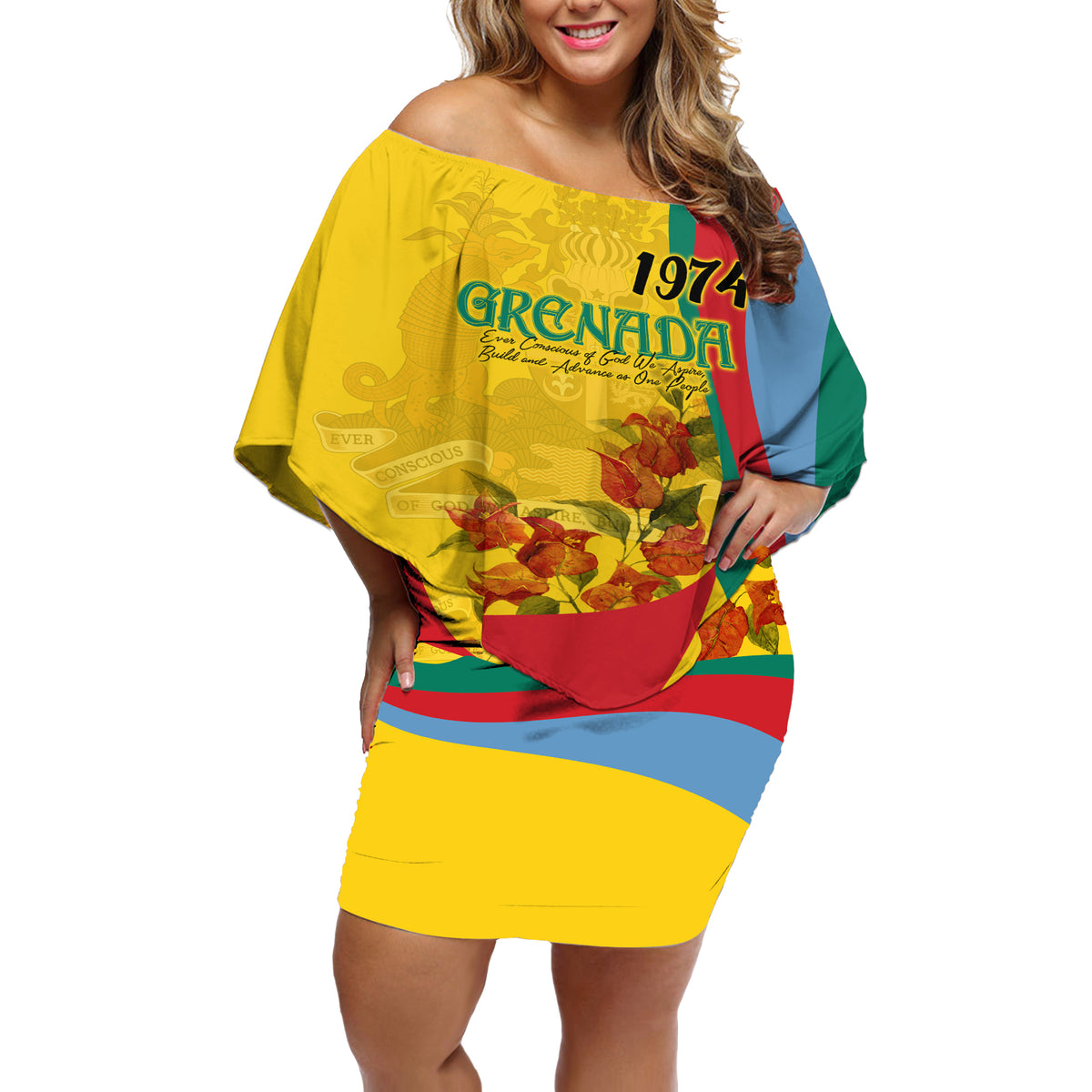 Grenada Independence Day Off Shoulder Short Dress Bougainvillea Flowers Flag Style - Wonder Print Shop