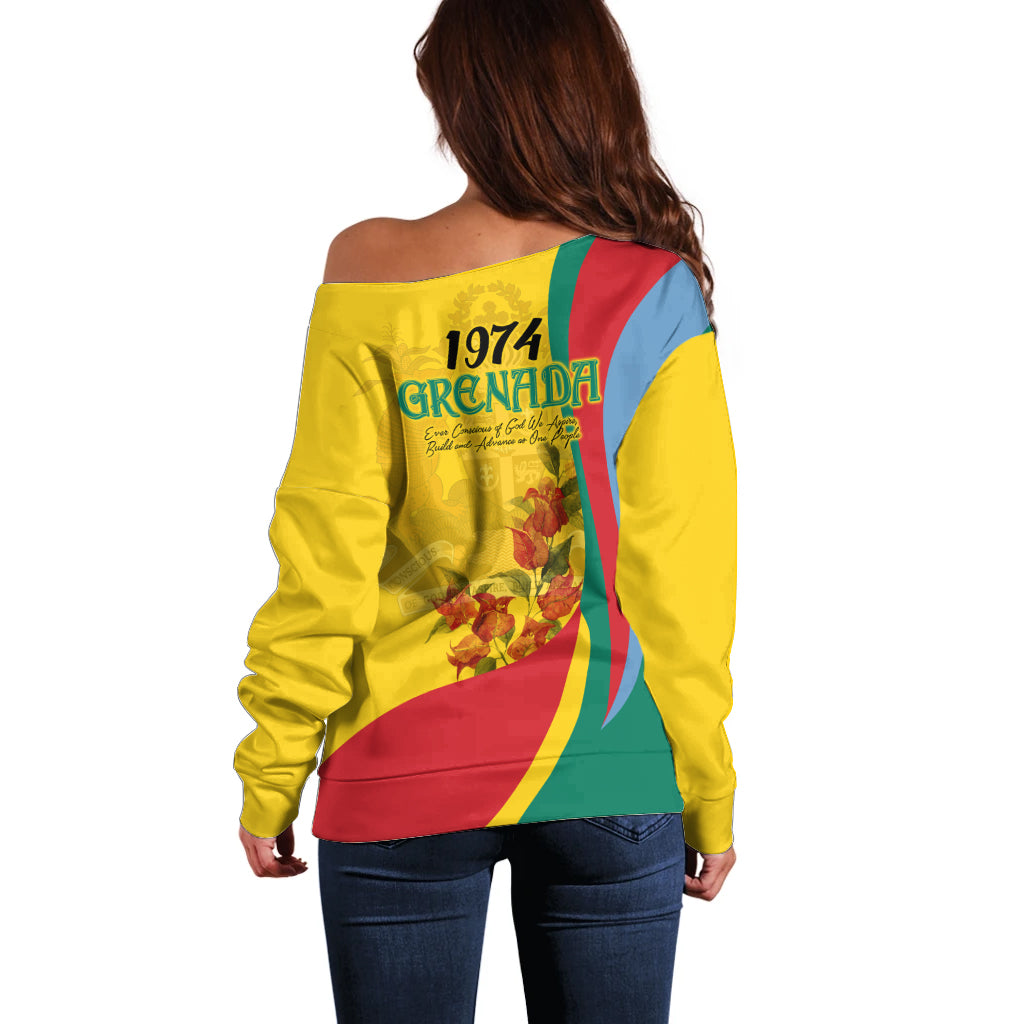 Grenada Independence Day Off Shoulder Sweater Bougainvillea Flowers Flag Style - Wonder Print Shop