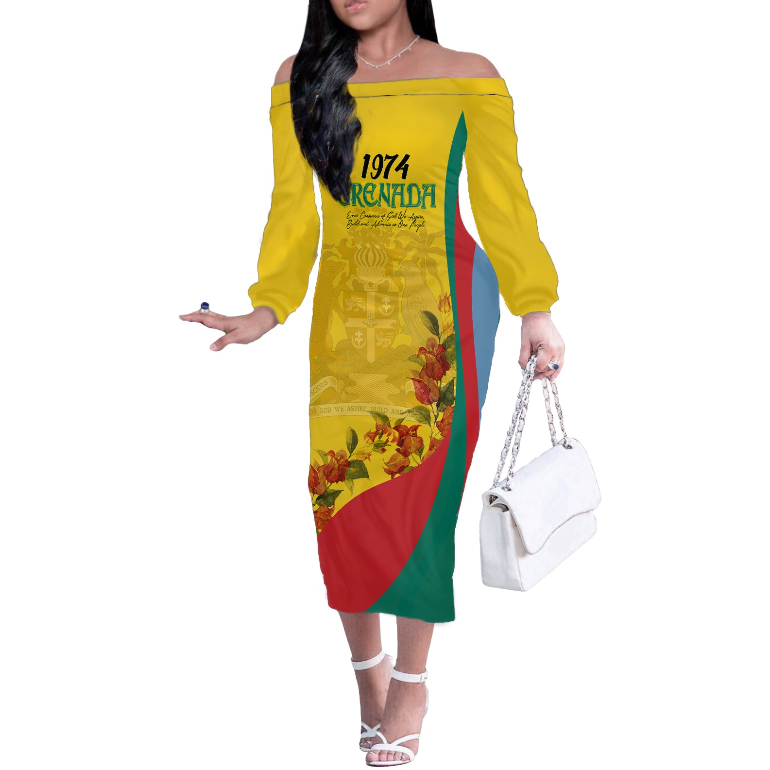 Grenada Independence Day Off The Shoulder Long Sleeve Dress Bougainvillea Flowers Flag Style - Wonder Print Shop