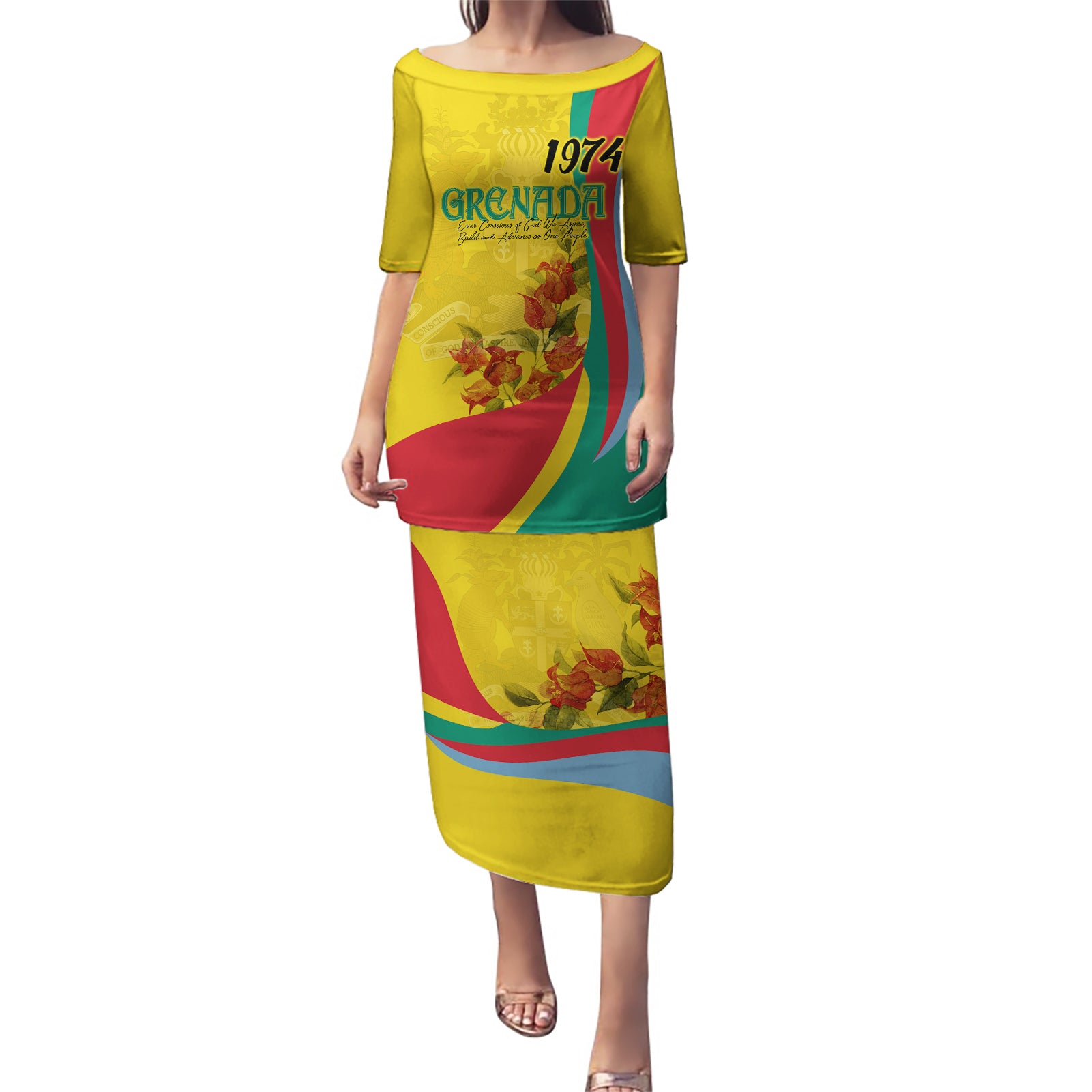 Grenada Independence Day Puletasi Bougainvillea Flowers Flag Style - Wonder Print Shop