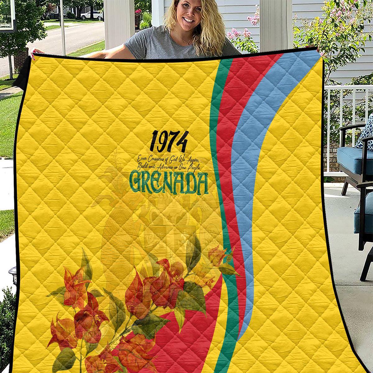 Grenada Independence Day Quilt Bougainvillea Flowers Flag Style - Wonder Print Shop