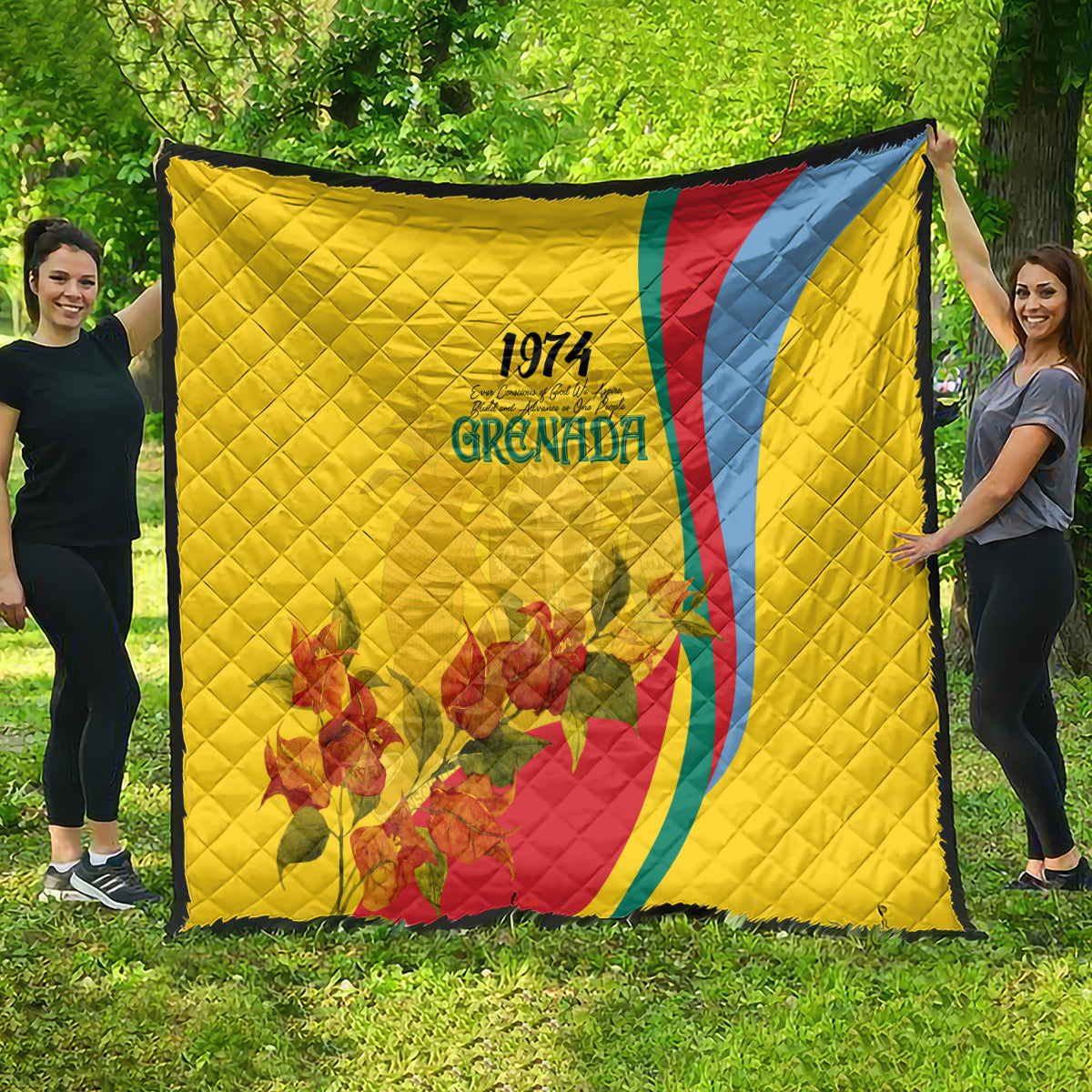 Grenada Independence Day Quilt Bougainvillea Flowers Flag Style - Wonder Print Shop