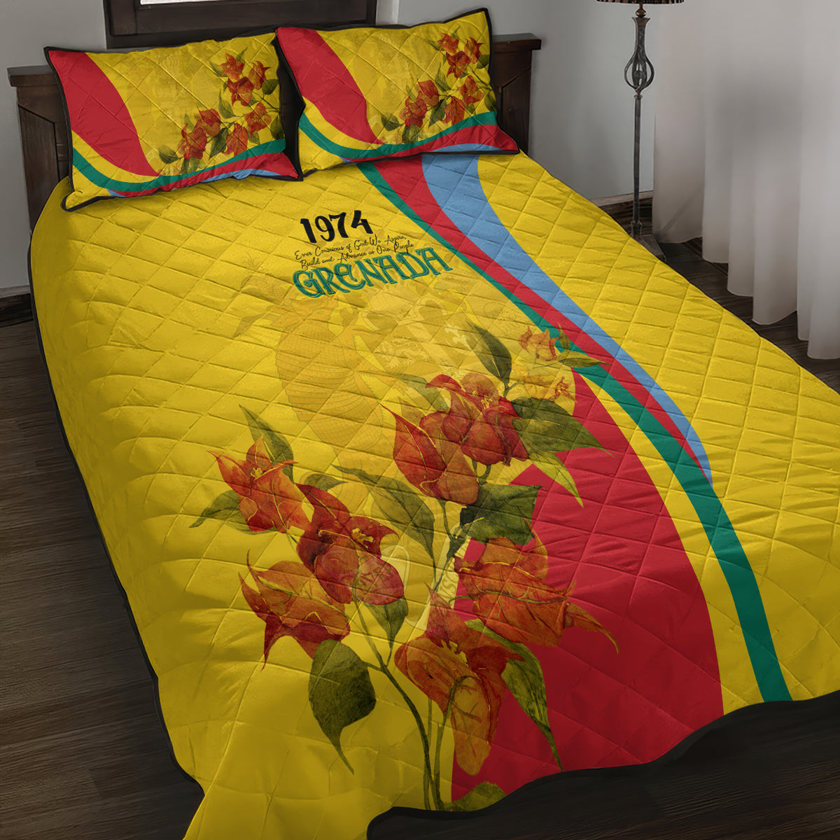Grenada Independence Day Quilt Bed Set Bougainvillea Flowers Flag Style - Wonder Print Shop