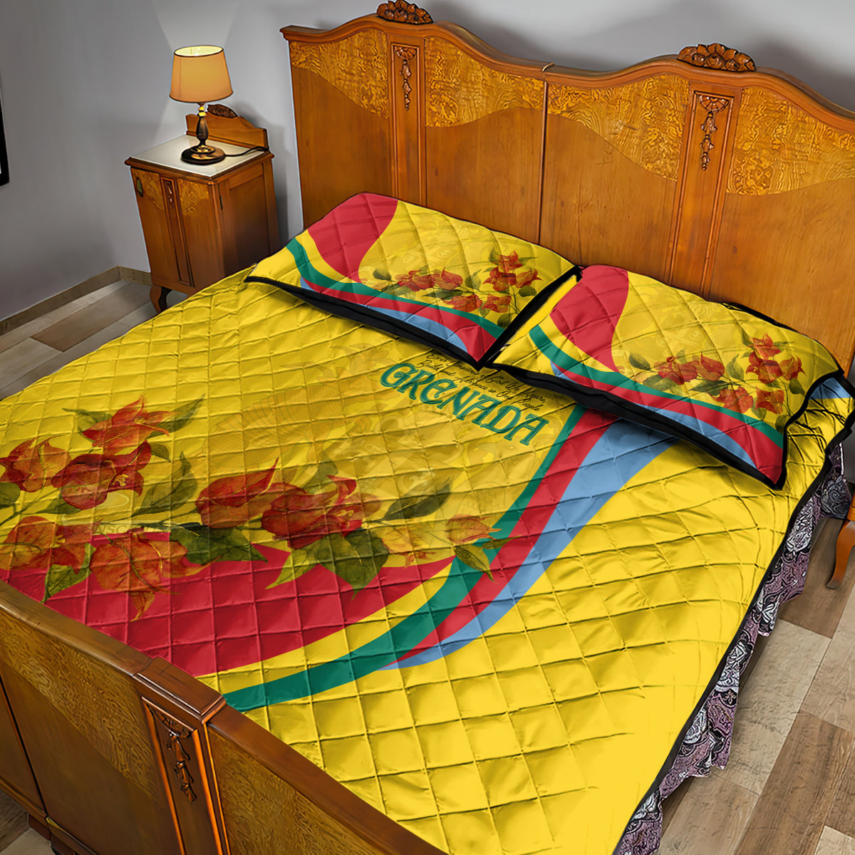 Grenada Independence Day Quilt Bed Set Bougainvillea Flowers Flag Style - Wonder Print Shop