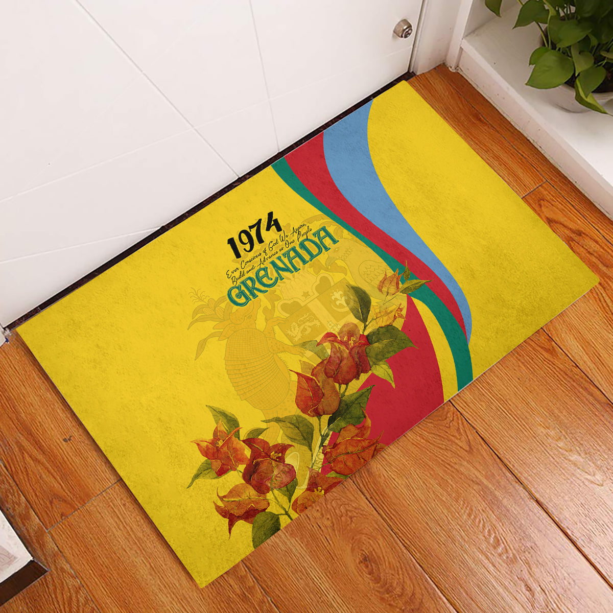 Grenada Independence Day Rubber Doormat Bougainvillea Flowers Flag Style - Wonder Print Shop