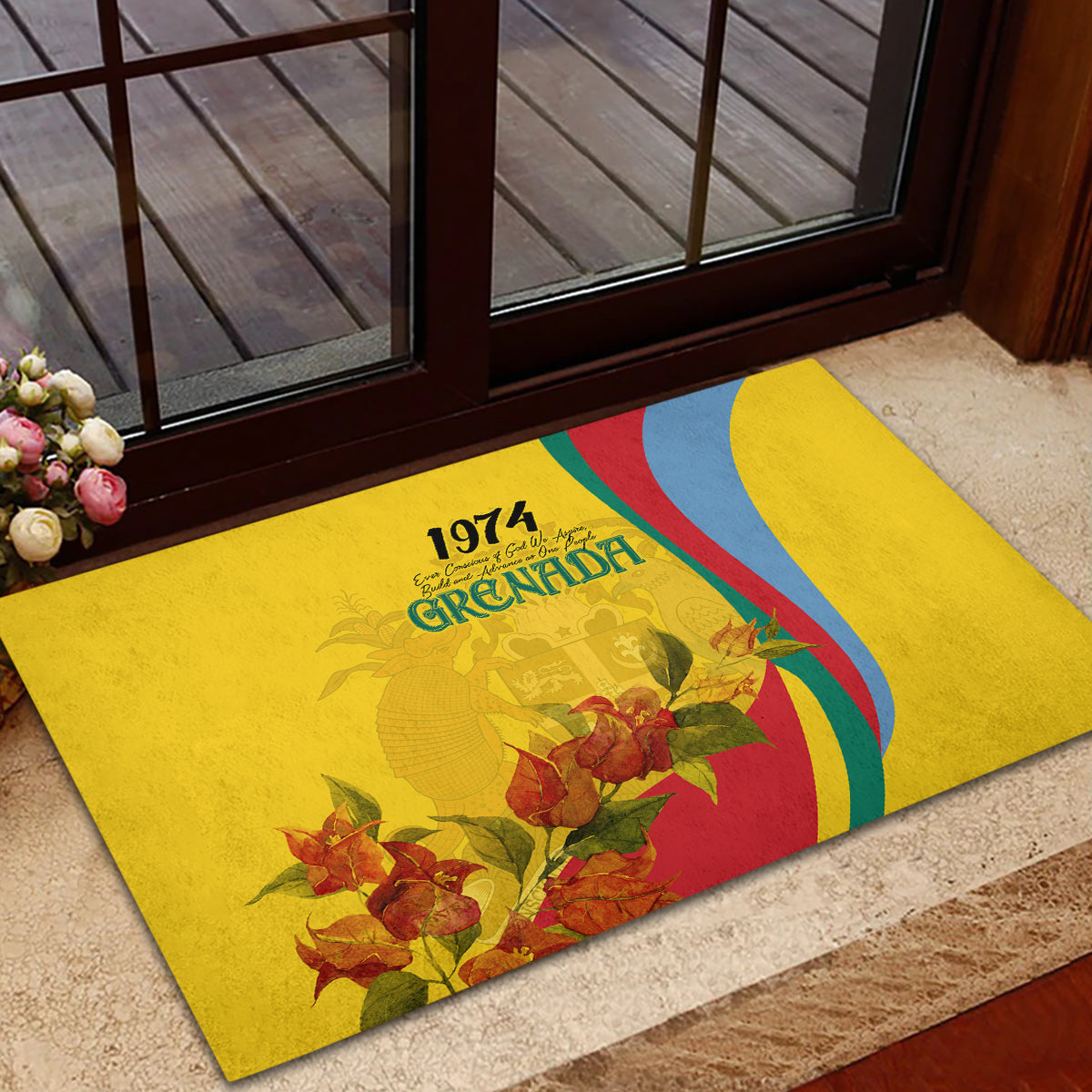 Grenada Independence Day Rubber Doormat Bougainvillea Flowers Flag Style - Wonder Print Shop