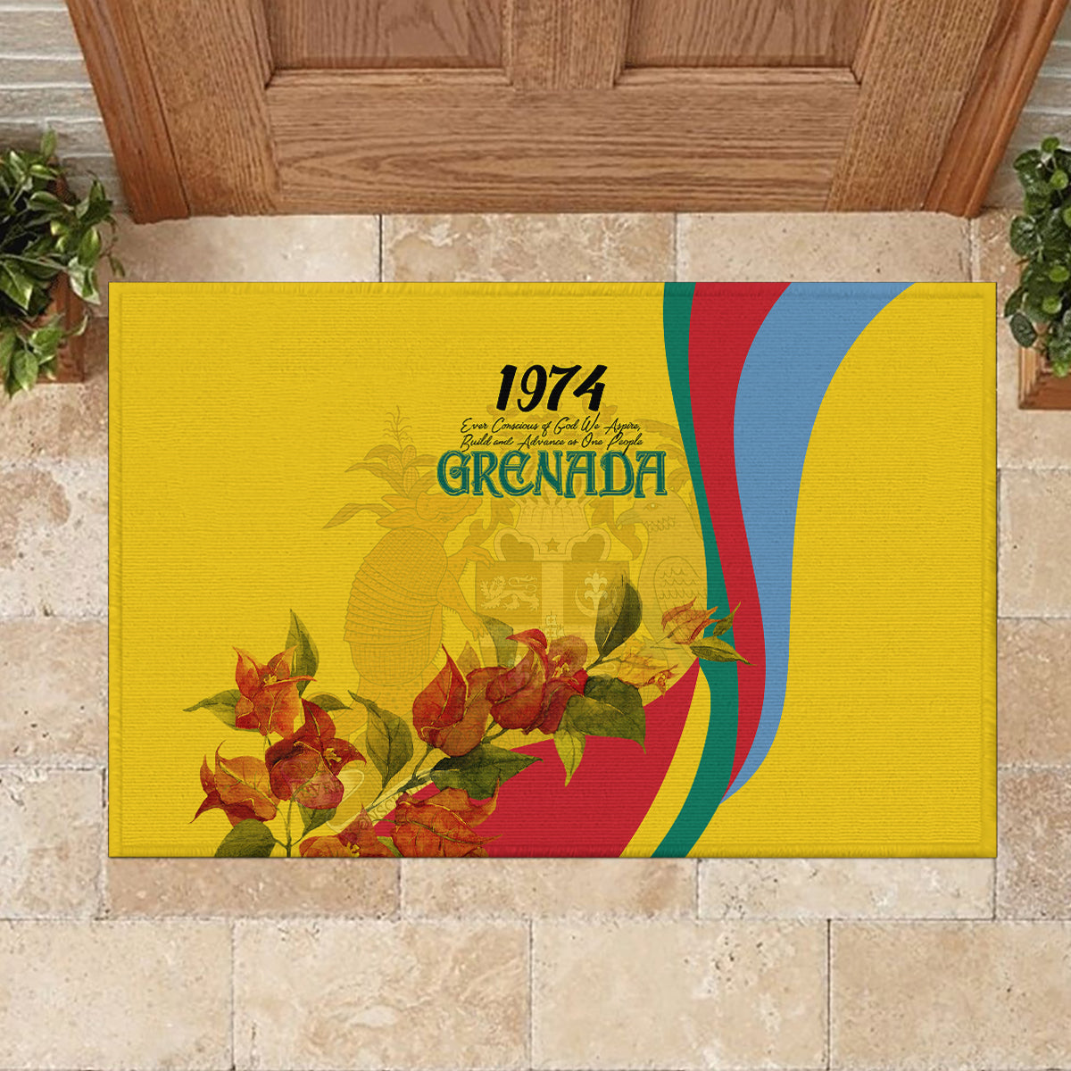 Grenada Independence Day Rubber Doormat Bougainvillea Flowers Flag Style - Wonder Print Shop