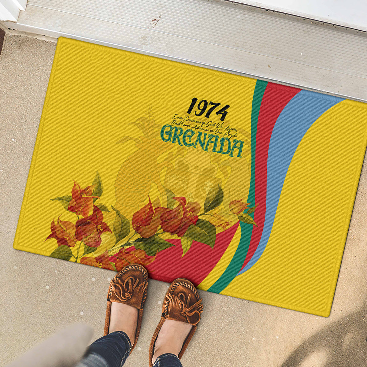 Grenada Independence Day Rubber Doormat Bougainvillea Flowers Flag Style - Wonder Print Shop