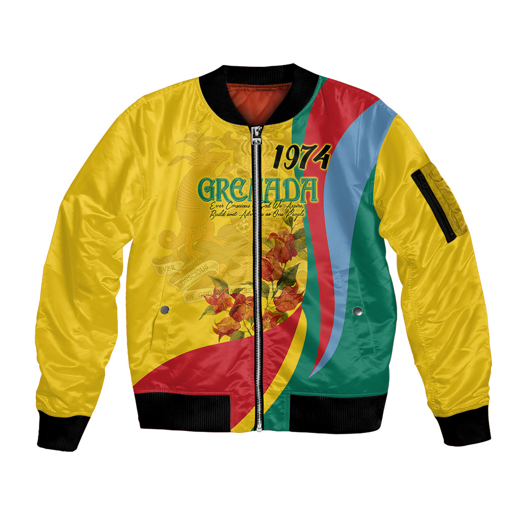 Grenada Independence Day Sleeve Zip Bomber Jacket Bougainvillea Flowers Flag Style - Wonder Print Shop