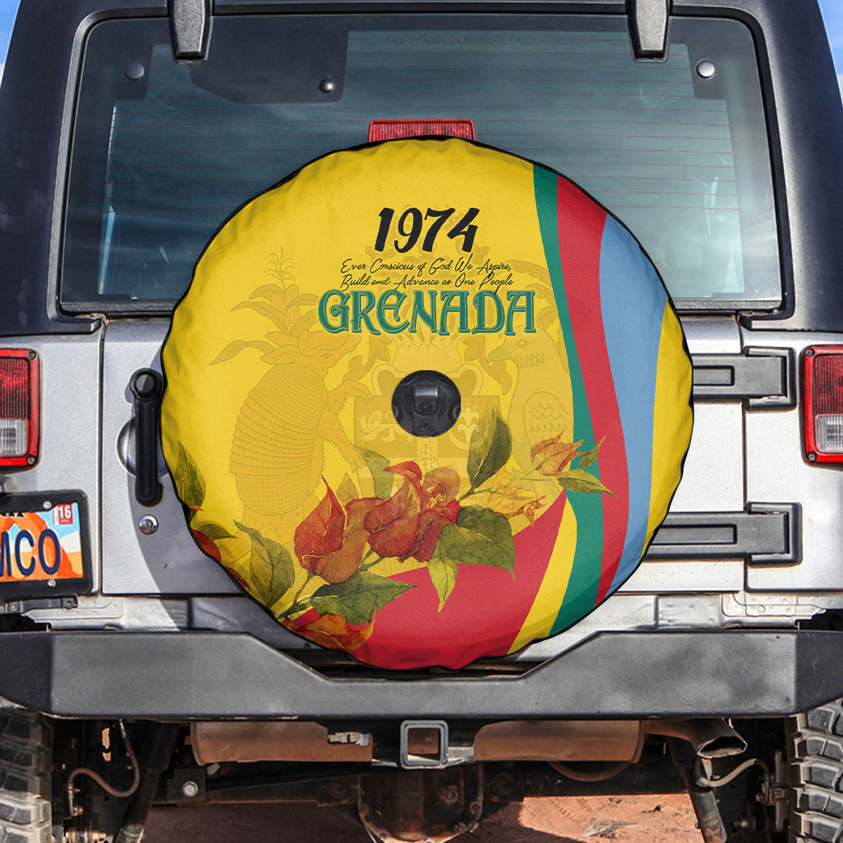 Grenada Independence Day Spare Tire Cover Bougainvillea Flowers Flag Style - Wonder Print Shop