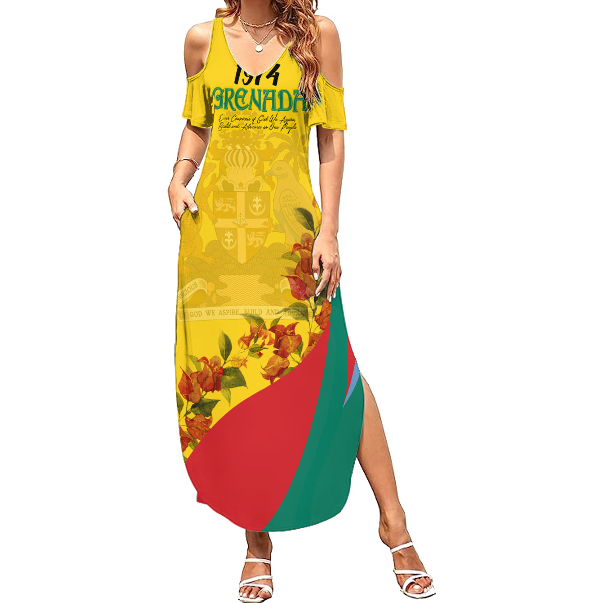 Grenada Independence Day Summer Maxi Dress Bougainvillea Flowers Flag Style - Wonder Print Shop
