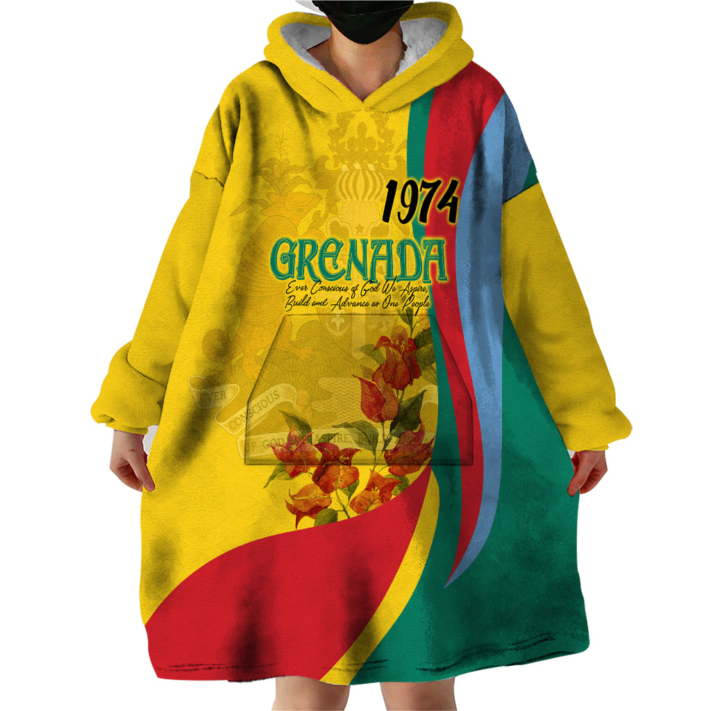 Grenada Independence Day Wearable Blanket Hoodie Bougainvillea Flowers Flag Style - Wonder Print Shop