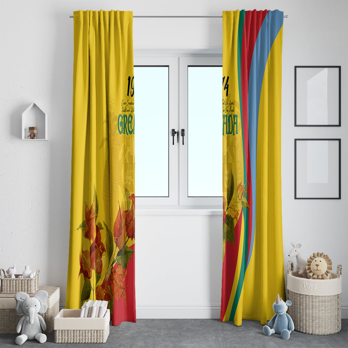 Grenada Independence Day Window Curtain Bougainvillea Flowers Flag Style - Wonder Print Shop