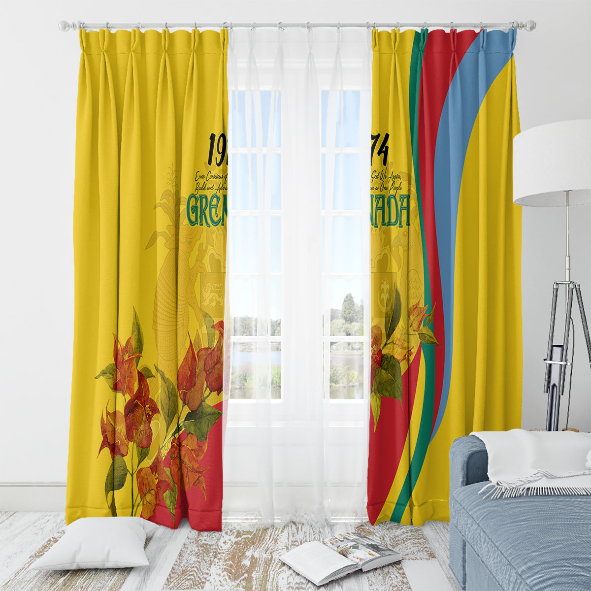 Grenada Independence Day Window Curtain Bougainvillea Flowers Flag Style - Wonder Print Shop