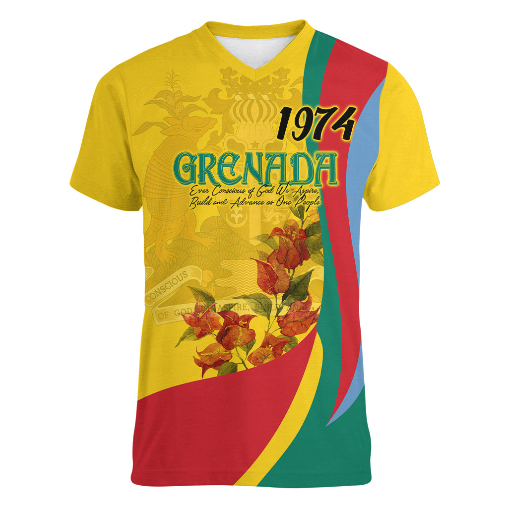 Grenada Independence Day Women V Neck T Shirt Bougainvillea Flowers Flag Style - Wonder Print Shop
