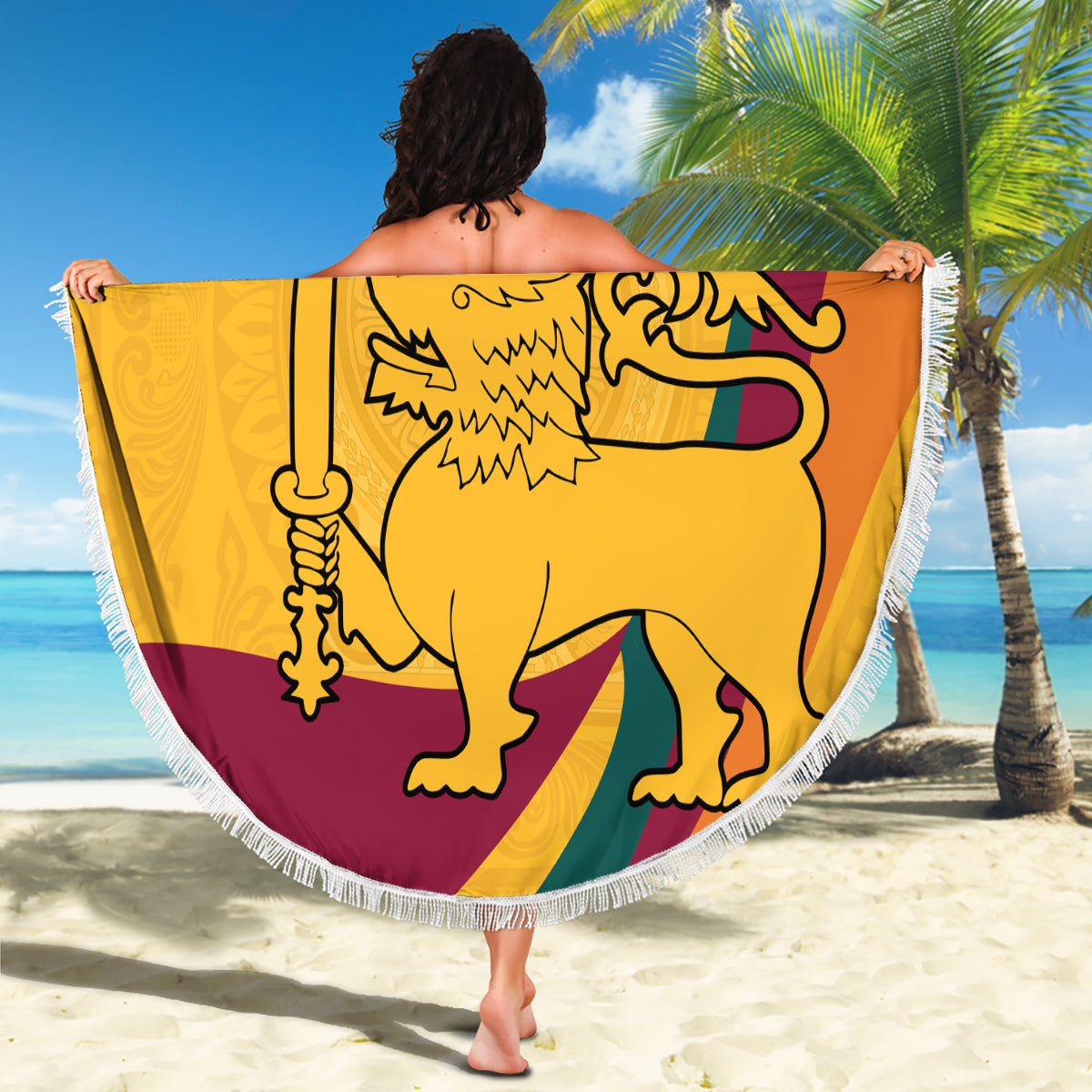 Sri Lanka National Day Beach Blanket The Lion Passant With Ketayam Wood Art LT9 - Wonder Print Shop