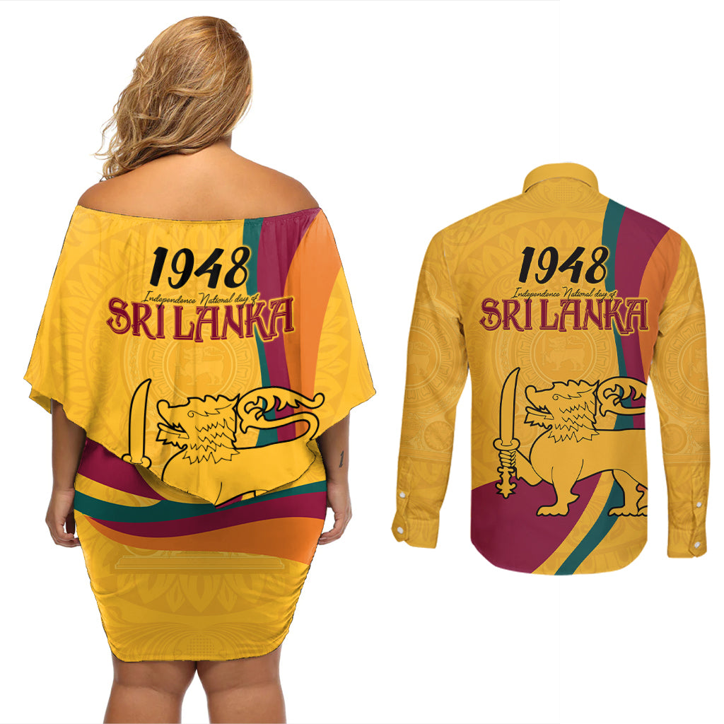 Sri Lanka National Day Couples Matching Off Shoulder Short Dress and Long Sleeve Button Shirt The Lion Passant With Ketayam Wood Art LT9 - Wonder Print Shop