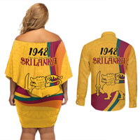 Sri Lanka National Day Couples Matching Off Shoulder Short Dress and Long Sleeve Button Shirt The Lion Passant With Ketayam Wood Art LT9 - Wonder Print Shop