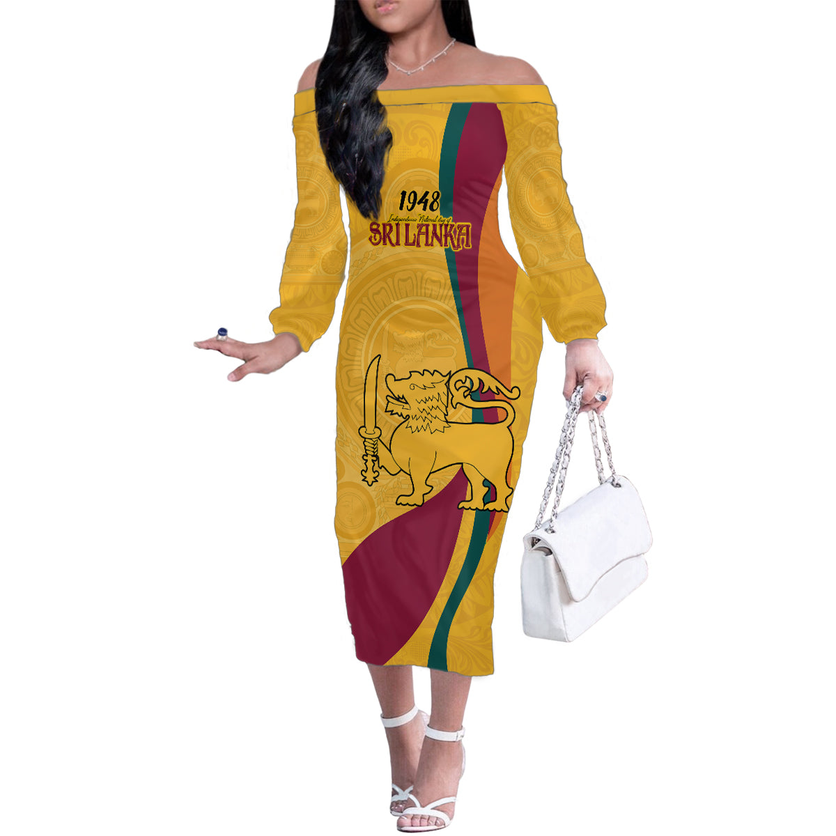 Sri Lanka National Day Family Matching Off Shoulder Long Sleeve Dress and Hawaiian Shirt The Lion Passant With Ketayam Wood Art - Wonder Print Shop