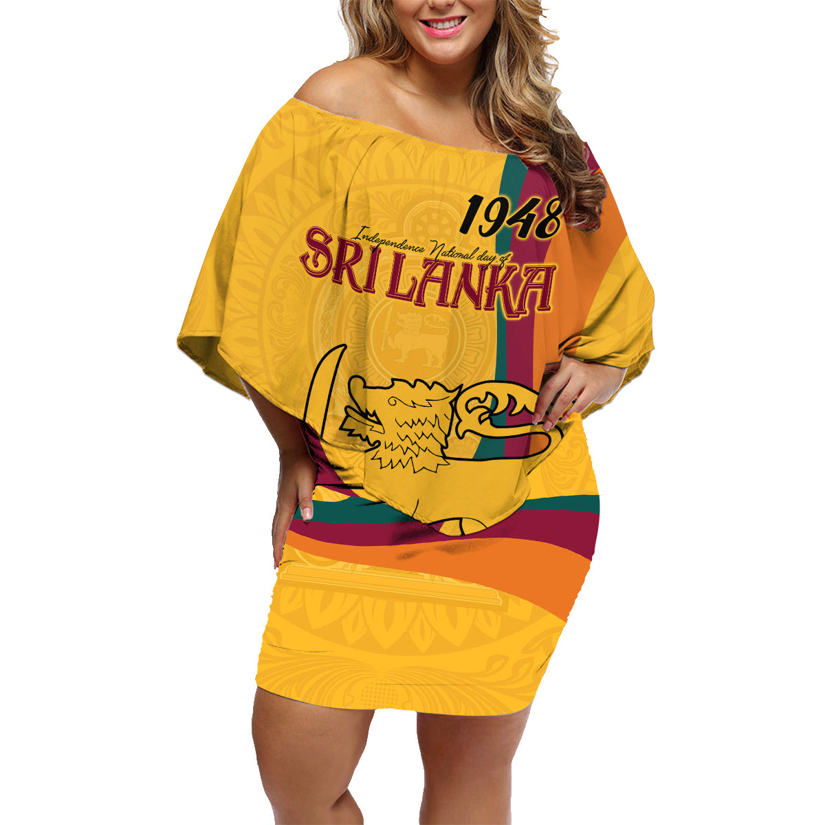 Sri Lanka National Day Family Matching Off Shoulder Short Dress and Hawaiian Shirt The Lion Passant With Ketayam Wood Art LT9 - Wonder Print Shop