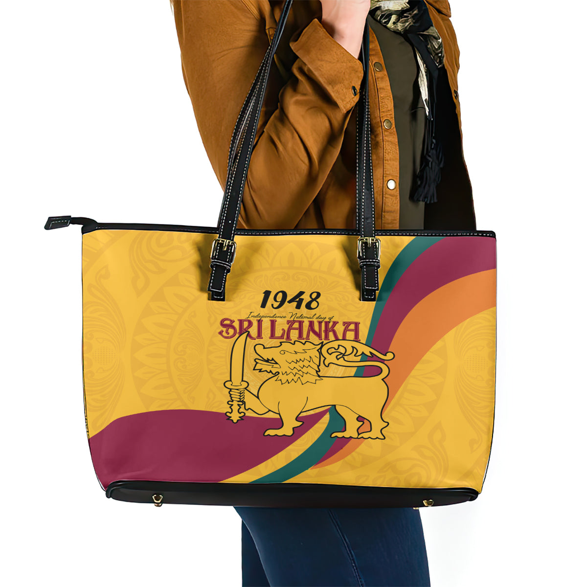 Sri Lanka National Day Leather Tote Bag The Lion Passant With Ketayam Wood Art - Wonder Print Shop
