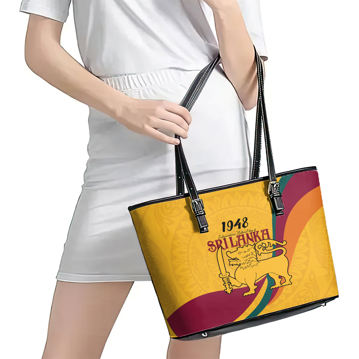 Sri Lanka National Day Leather Tote Bag The Lion Passant With Ketayam Wood Art - Wonder Print Shop