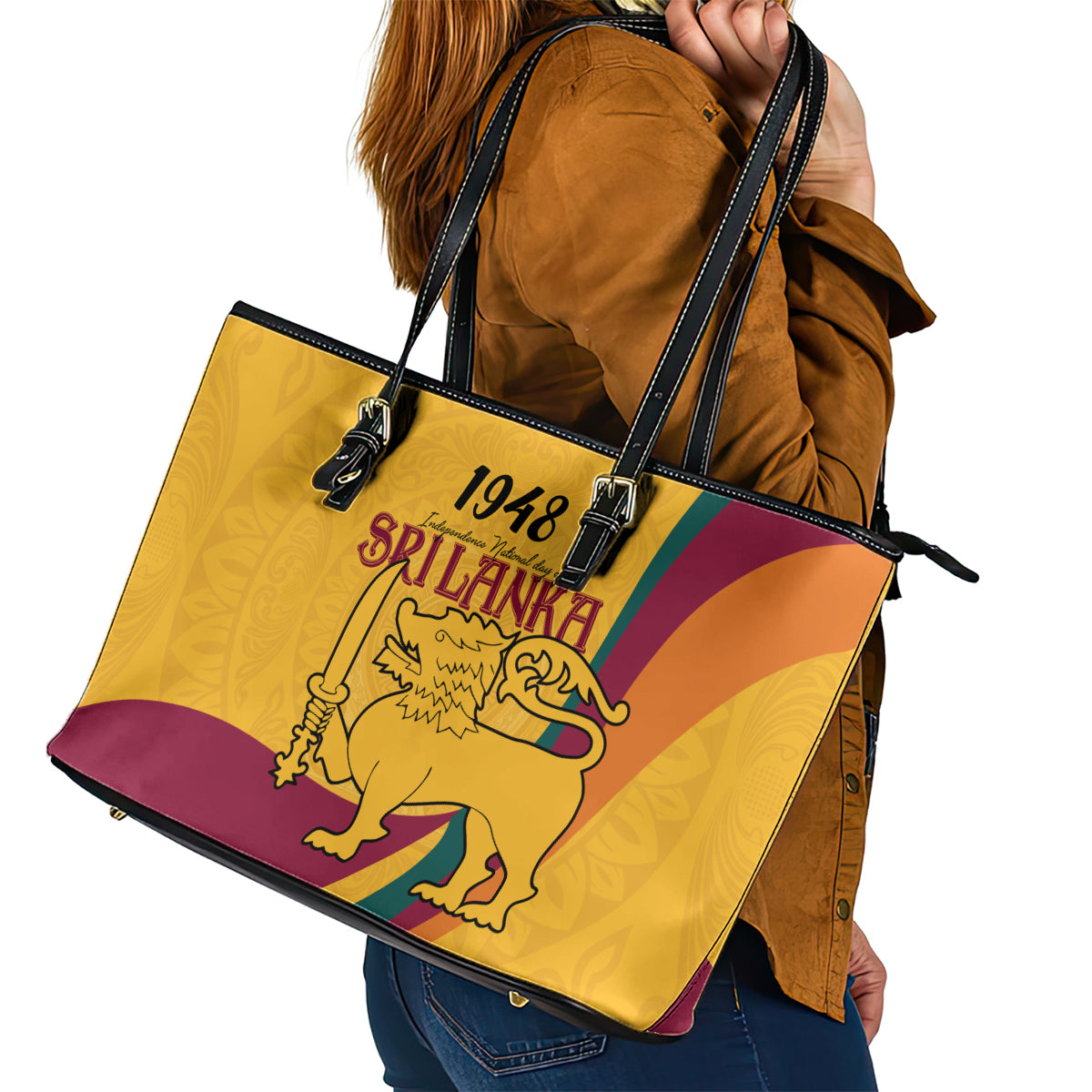 Sri Lanka National Day Leather Tote Bag The Lion Passant With Ketayam Wood Art - Wonder Print Shop