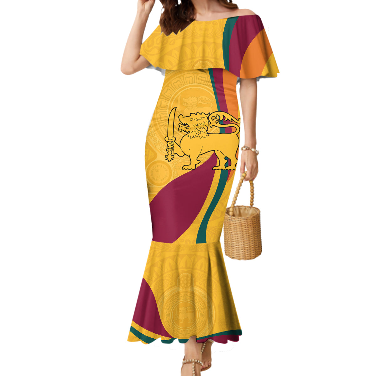 Sri Lanka National Day Mermaid Dress The Lion Passant With Ketayam Wood Art - Wonder Print Shop