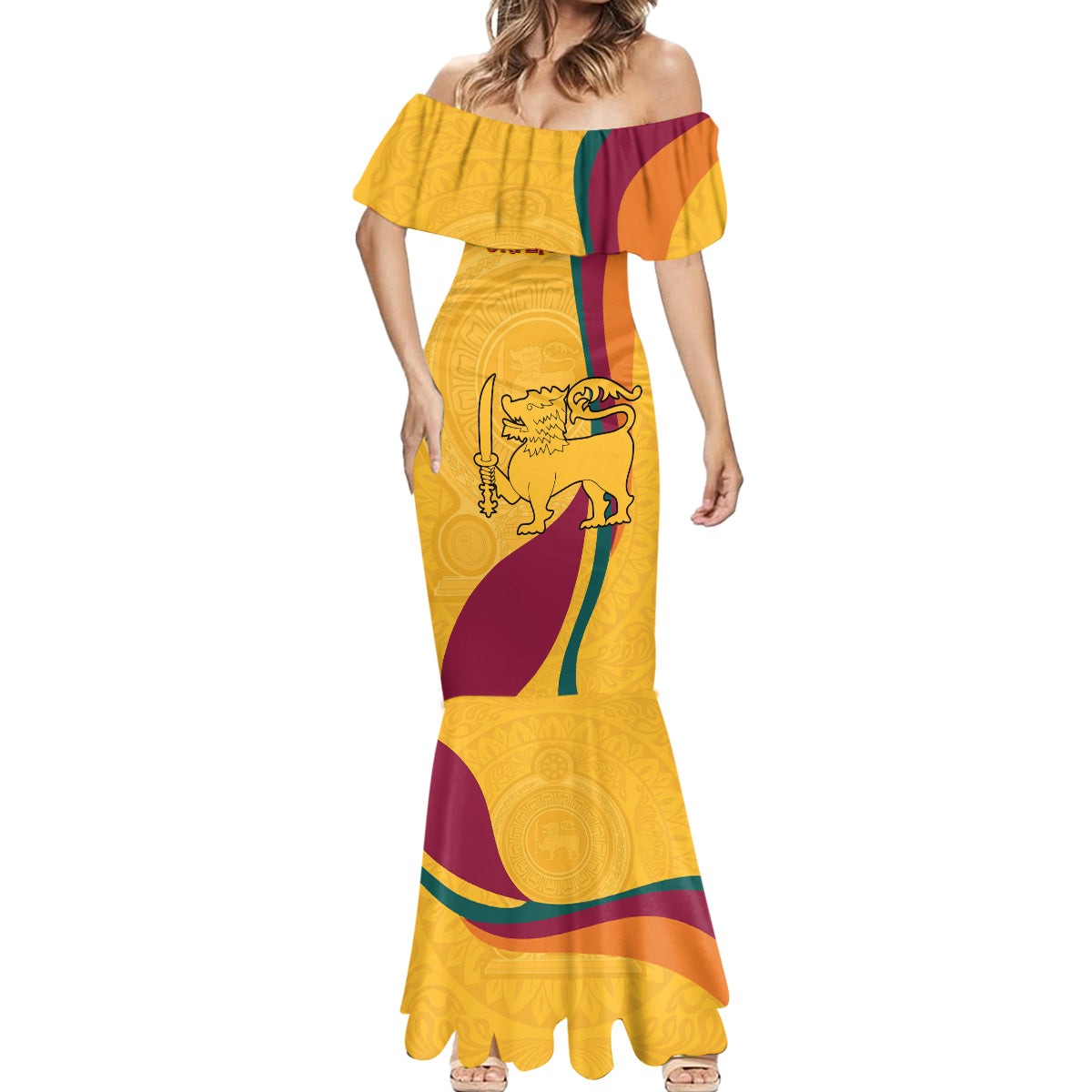 Sri Lanka National Day Mermaid Dress The Lion Passant With Ketayam Wood Art - Wonder Print Shop