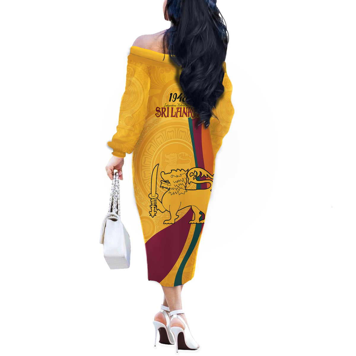 Sri Lanka National Day Off The Shoulder Long Sleeve Dress The Lion Passant With Ketayam Wood Art - Wonder Print Shop