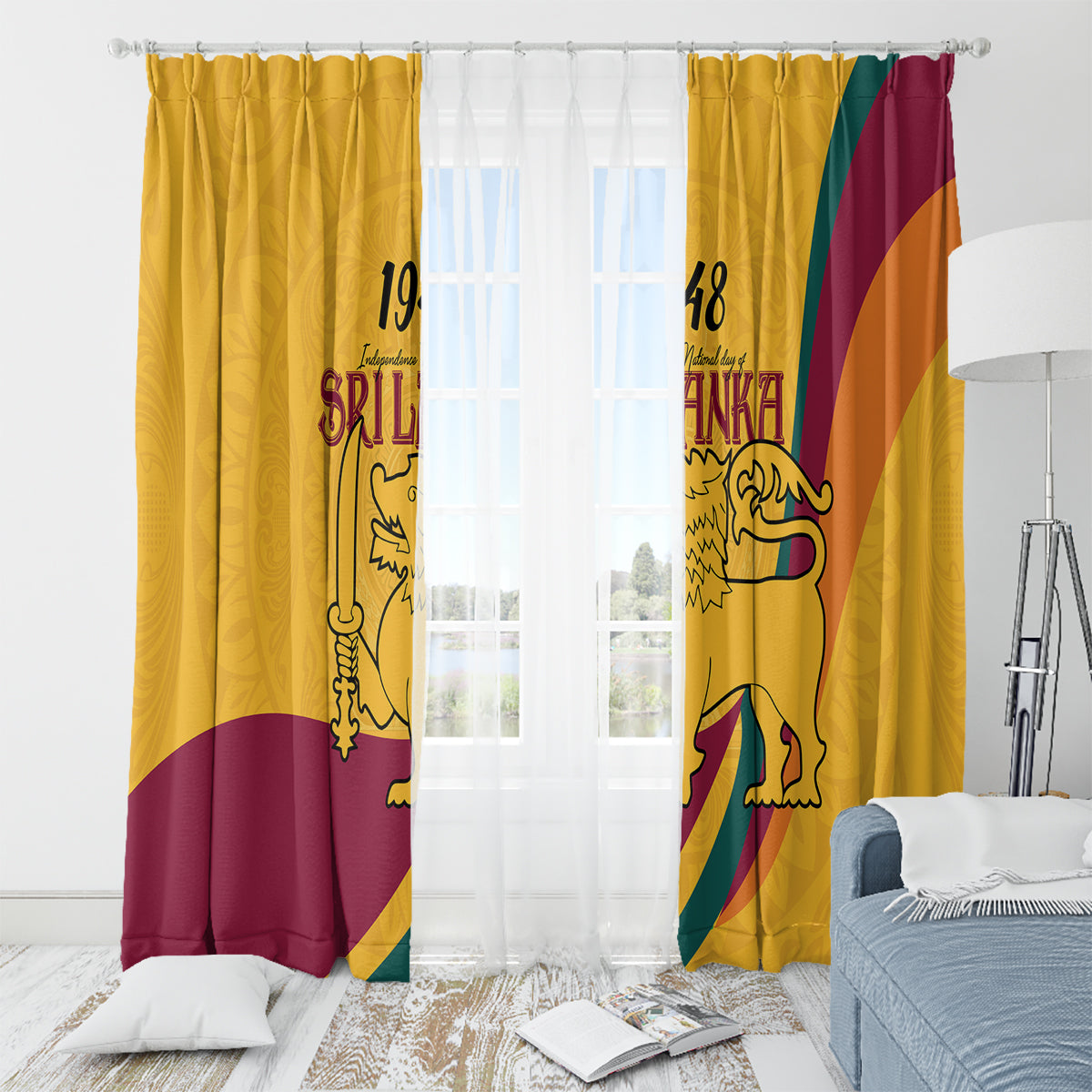 Sri Lanka National Day Window Curtain The Lion Passant With Ketayam Wood Art - Wonder Print Shop