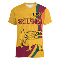 Sri Lanka National Day Women V Neck T Shirt The Lion Passant With Ketayam Wood Art - Wonder Print Shop